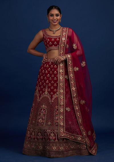 Rani Pink Stonework Velvet Designer Semi-Stitched Lehenga - Koskii