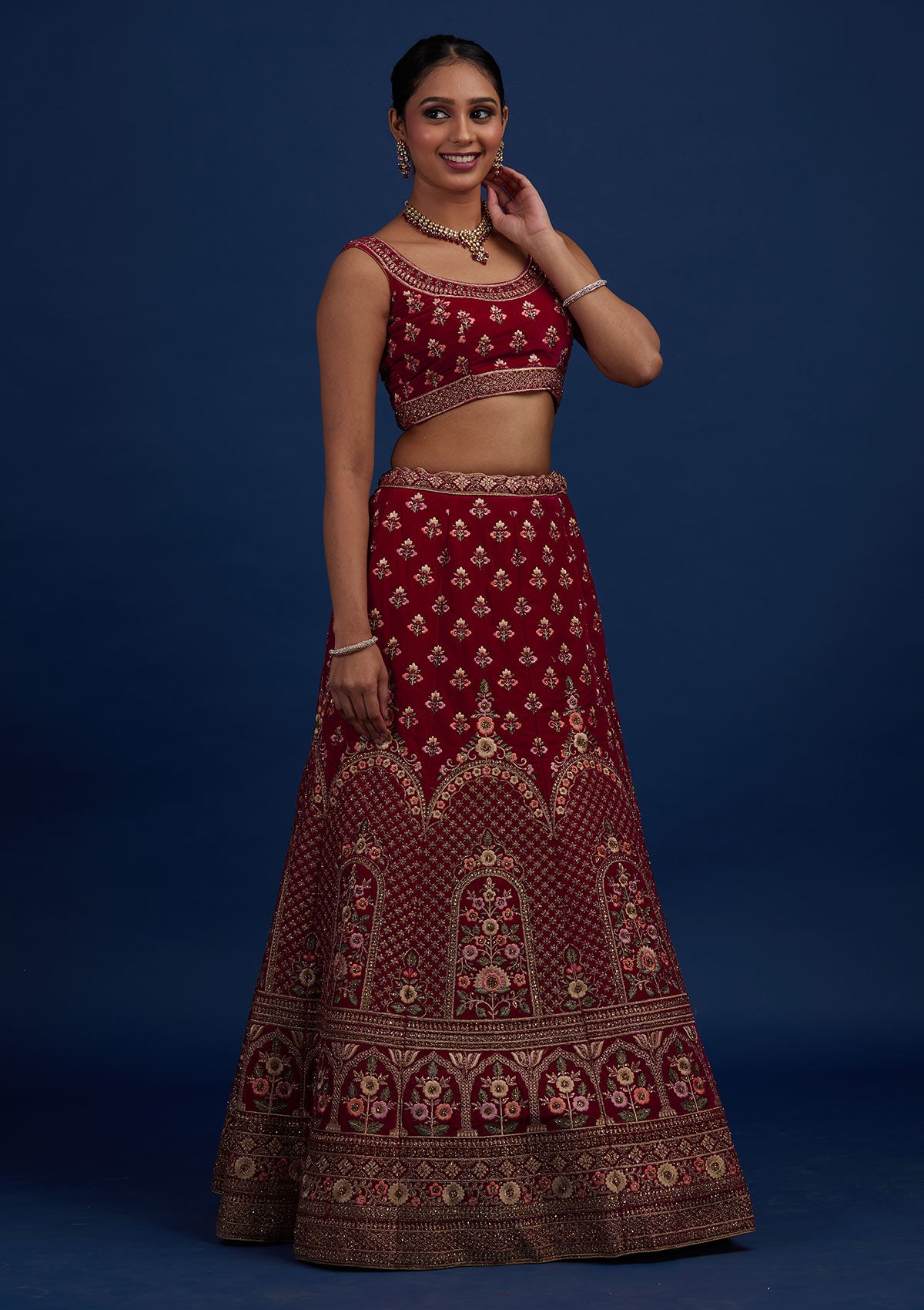 Rani Pink Stonework Velvet Designer Semi-Stitched Lehenga - Koskii