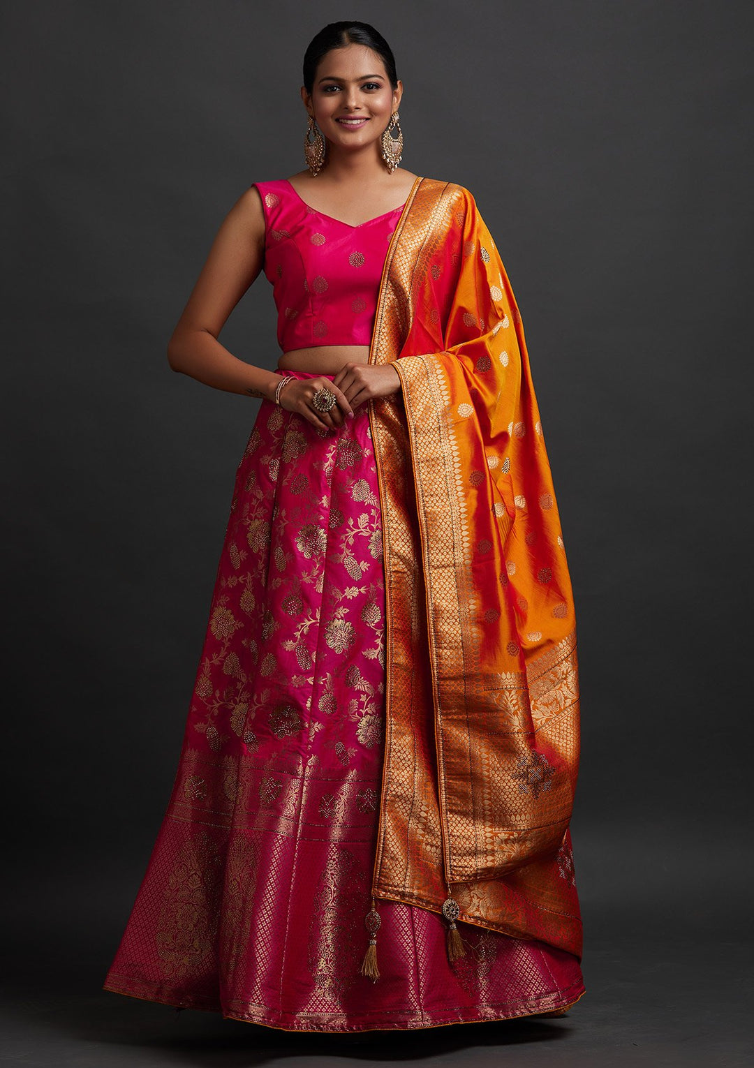 Rani Pink Swarovski Banarasi Designer Semi-Stitched Lehenga - koskii