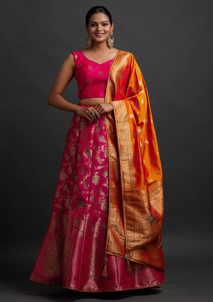 Rani Pink Swarovski Banarasi Designer Semi-Stitched Lehenga - koskii