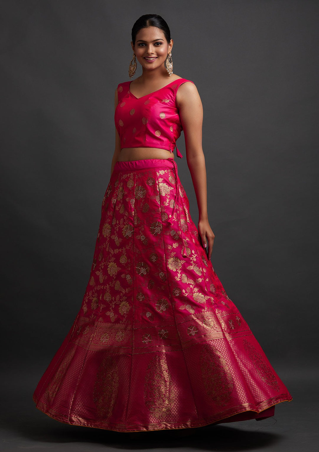 Rani Pink Swarovski Banarasi Designer Semi-Stitched Lehenga - koskii