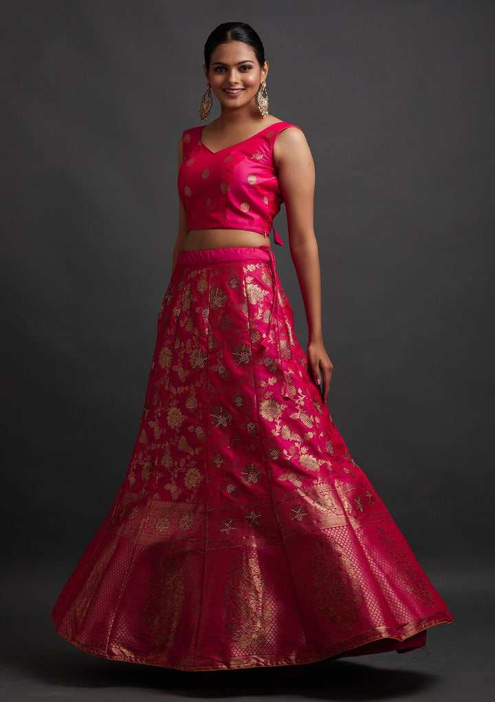 Rani Pink Swarovski Banarasi Designer Semi-Stitched Lehenga - koskii
