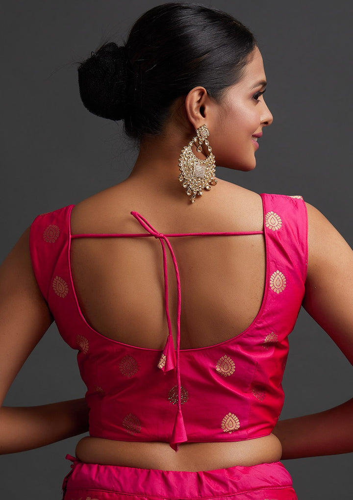 Rani Pink Swarovski Banarasi Designer Semi-Stitched Lehenga - koskii