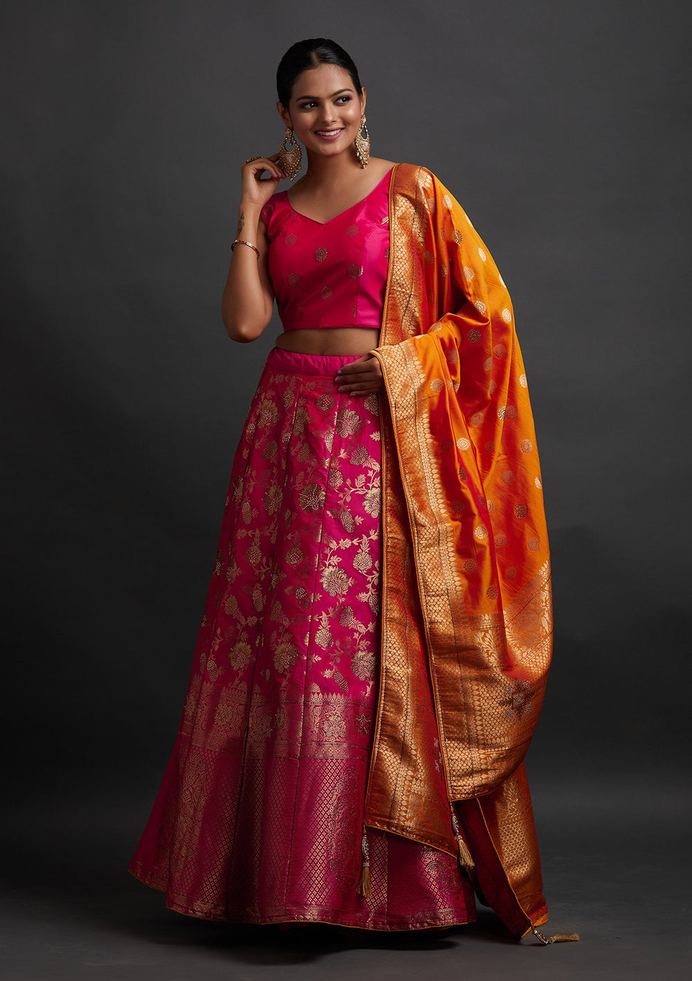 Rani Pink Swarovski Banarasi Designer Semi-Stitched Lehenga - koskii