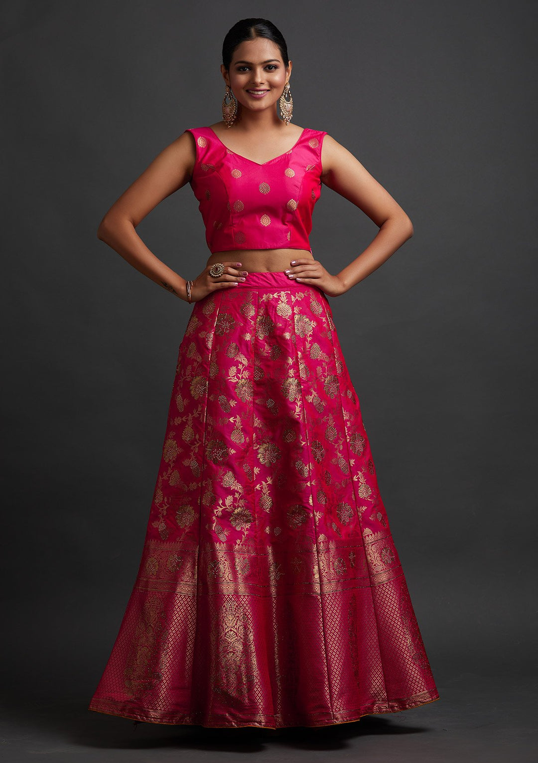 Rani Pink Swarovski Banarasi Designer Semi-Stitched Lehenga - koskii