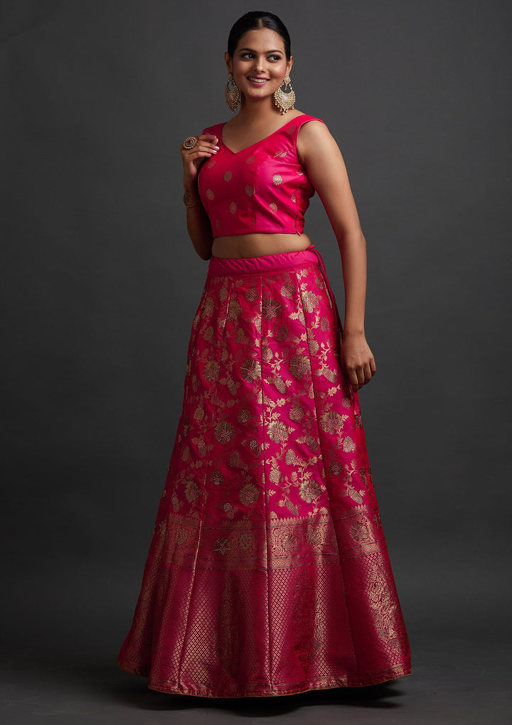 Rani Pink Swarovski Banarasi Designer Semi-Stitched Lehenga - koskii
