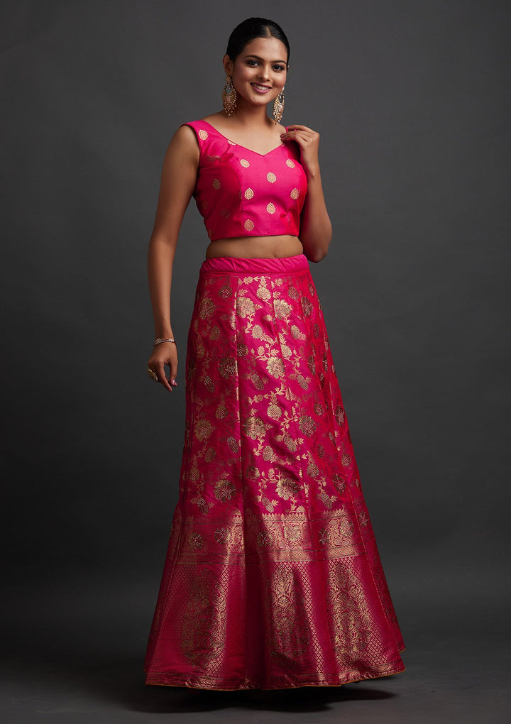 Rani Pink Swarovski Banarasi Designer Semi-Stitched Lehenga - koskii