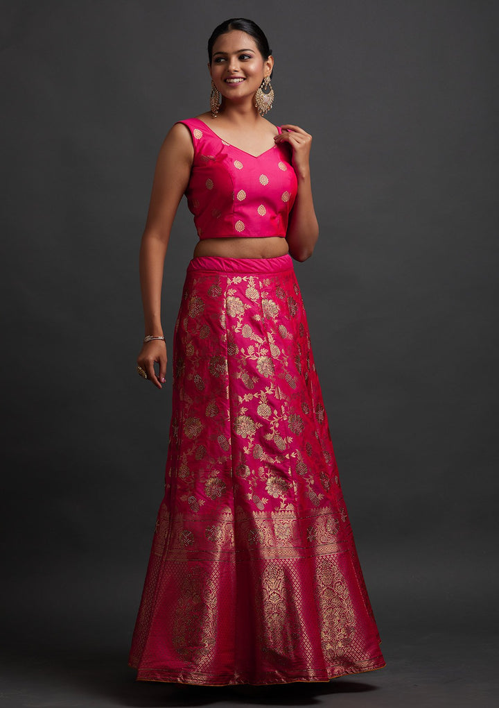 Rani Pink Swarovski Banarasi Designer Semi-Stitched Lehenga - koskii