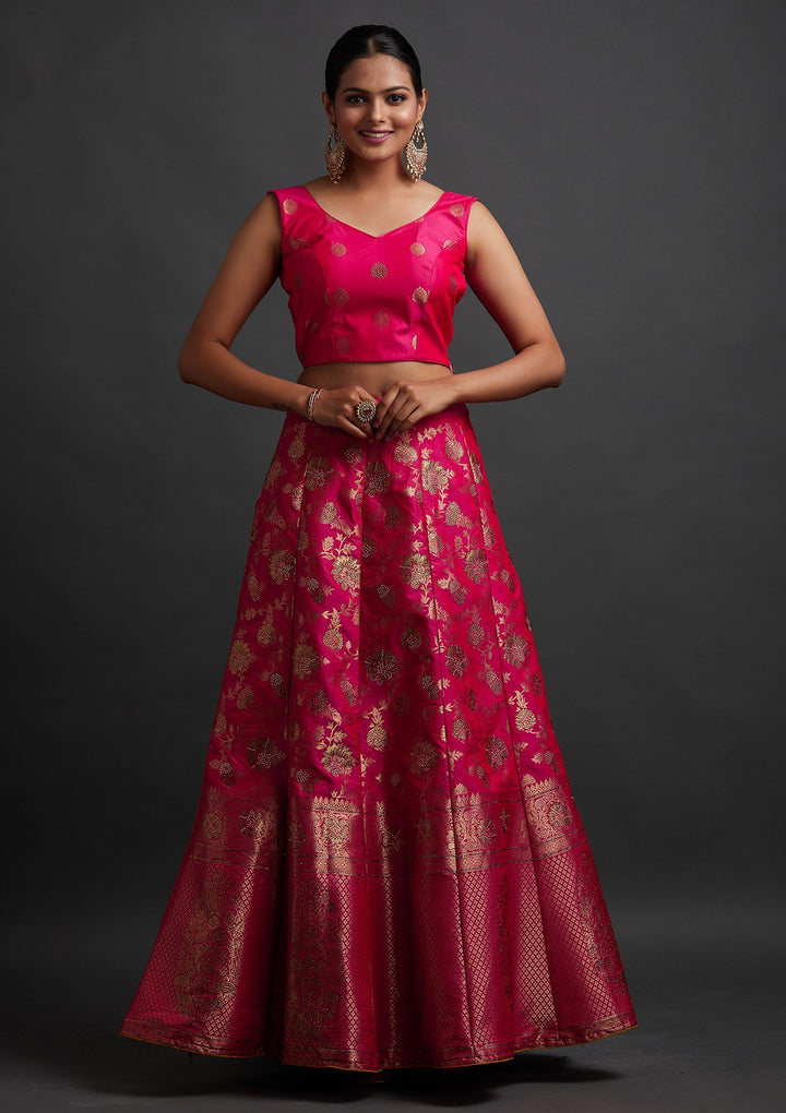 Rani Pink Swarovski Banarasi Designer Semi-Stitched Lehenga - koskii