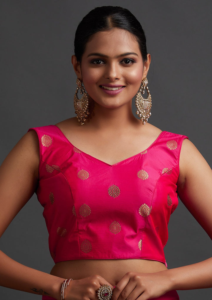 Rani Pink Swarovski Banarasi Designer Semi-Stitched Lehenga - koskii