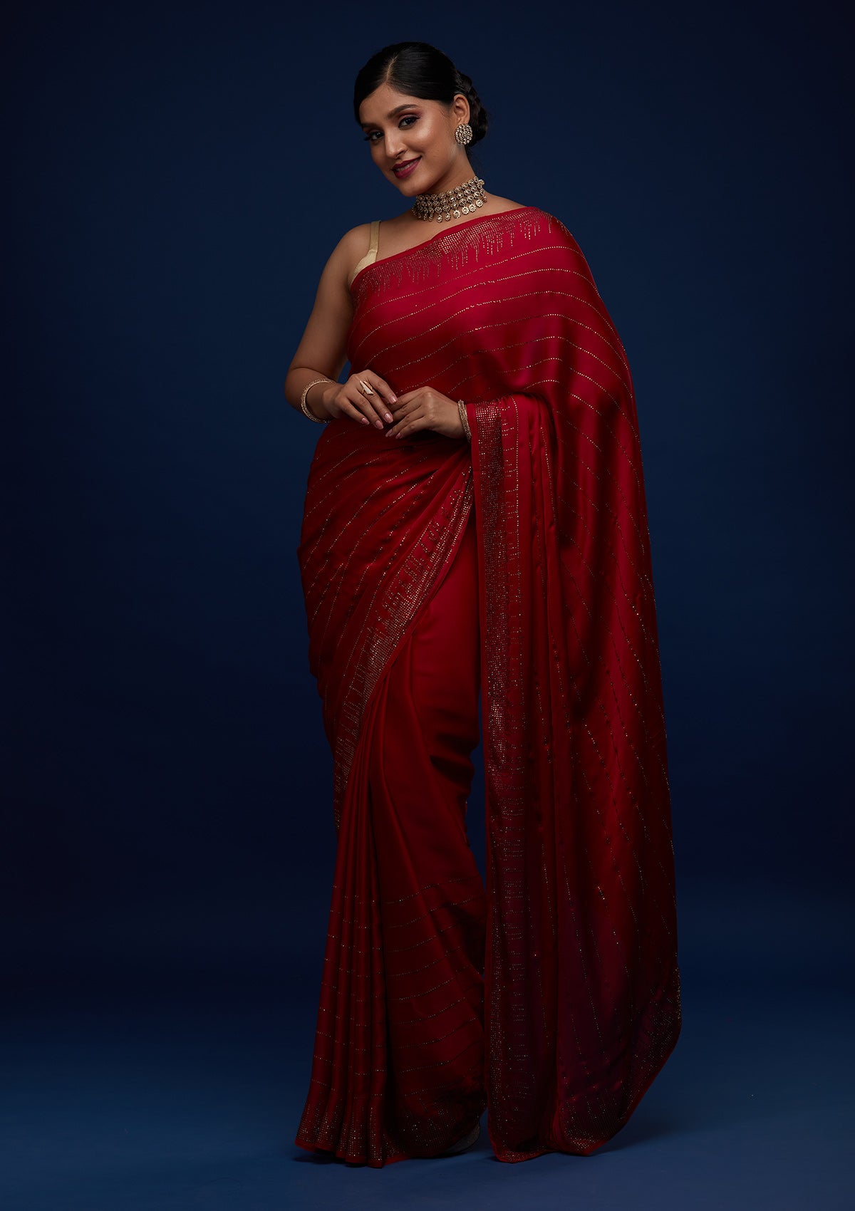 Rani Pink Swarovski Satin Designer Saree - Koskii