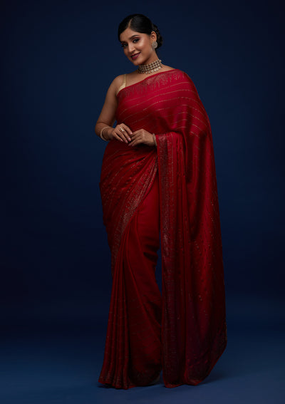 Rani Pink Swarovski Satin Designer Saree - Koskii