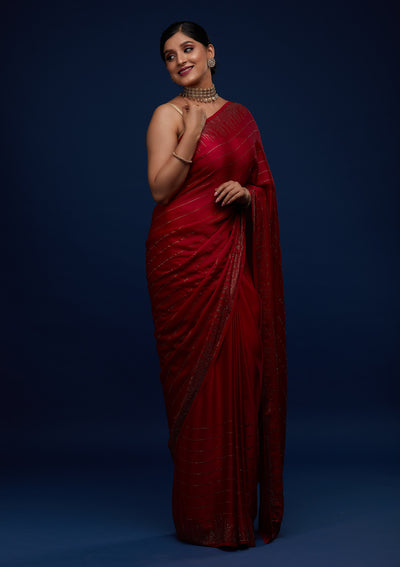 Rani Pink Swarovski Satin Designer Saree - Koskii