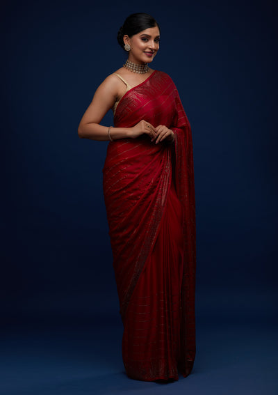 Rani Pink Swarovski Satin Designer Saree - Koskii