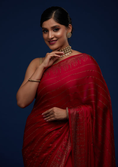 Rani Pink Swarovski Satin Designer Saree - Koskii