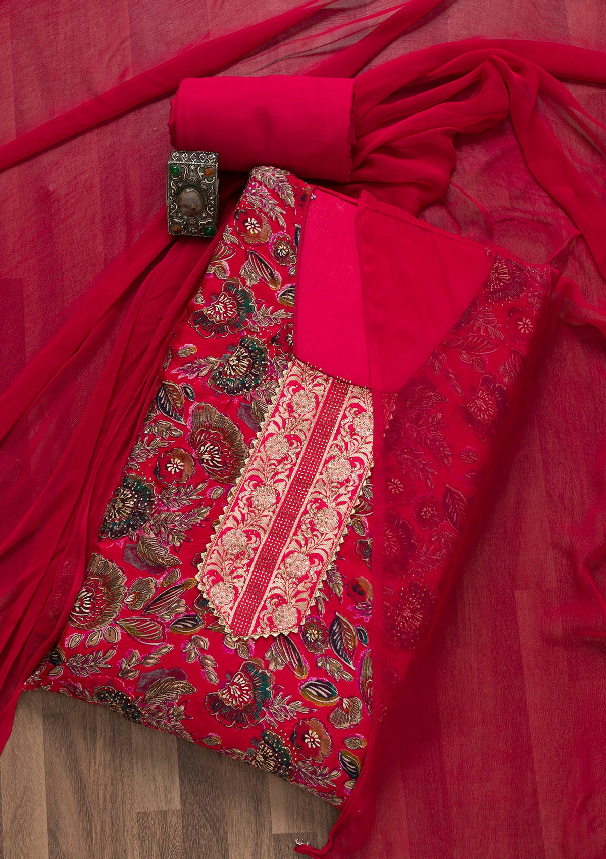 Rani Pink Semi Crepe Swarovski Unstitched Salwar Suit-Koskii