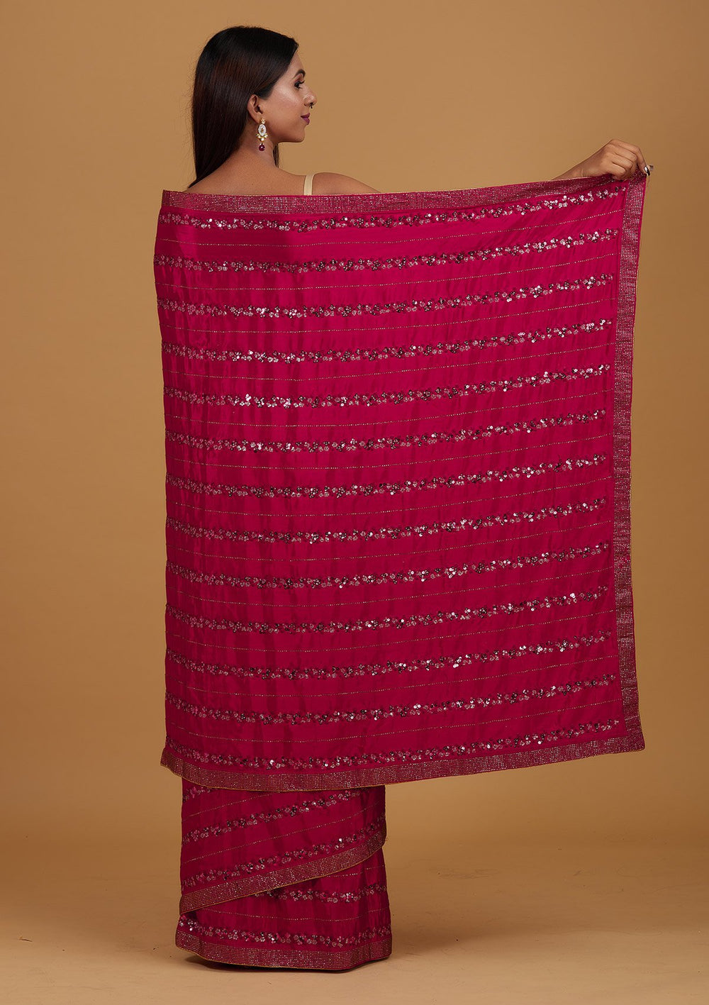 Rani Pink Swarovski Semi Crepe Designer Saree - Koskii