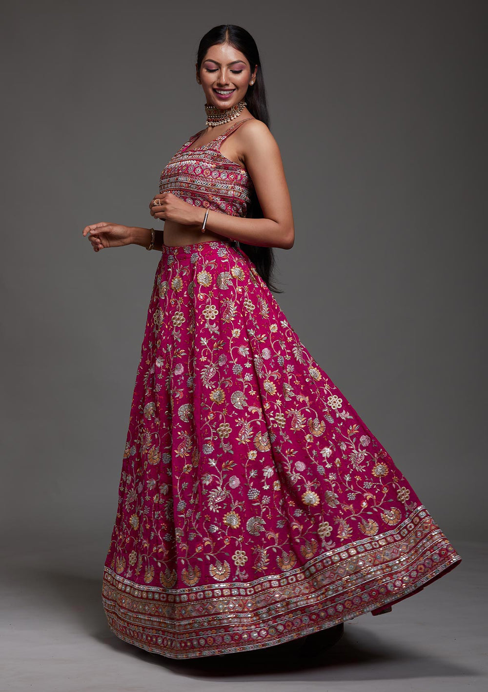 Rani Pink Threadwork Georgette Designer Lehenga-Koskii