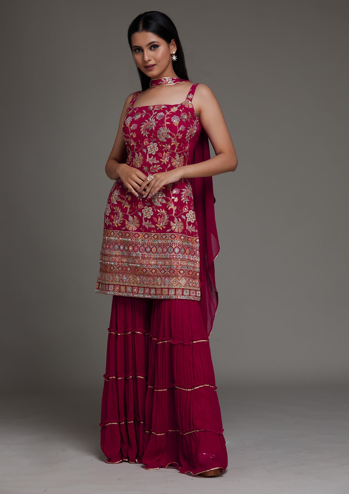 Rani Pink Threadwork Georgette Designer Salwar Suit - Koskii