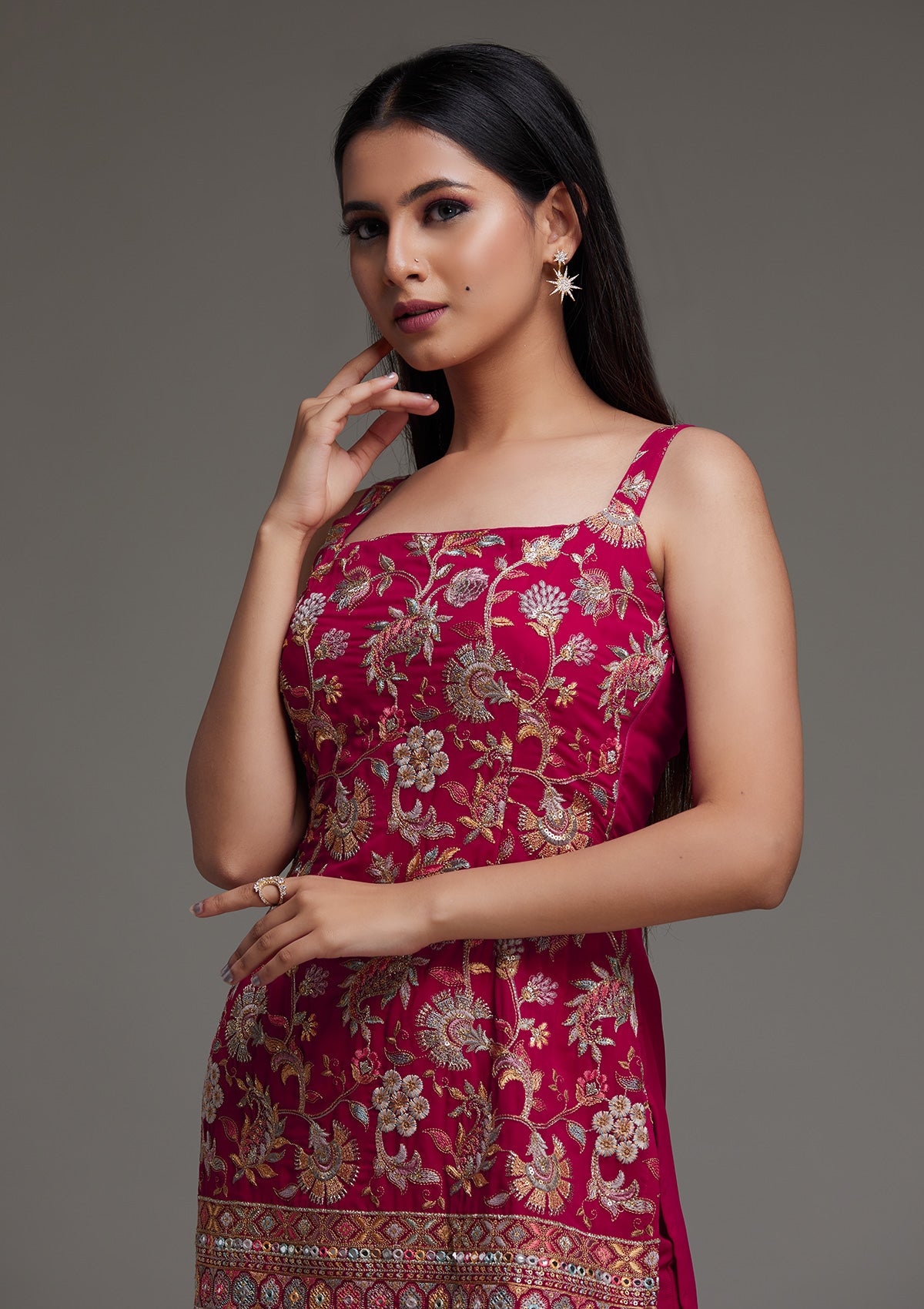 Rani Pink Threadwork Georgette Designer Salwar Suit - Koskii