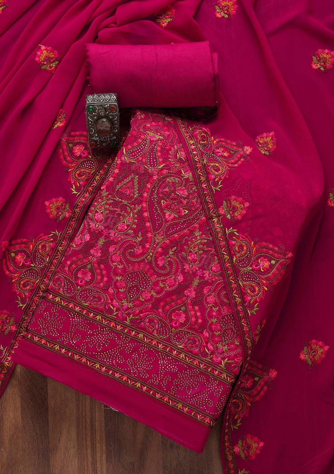 Rani Pink Threadwork Georgette Semi-Stitched Salwar Suit- Koskii