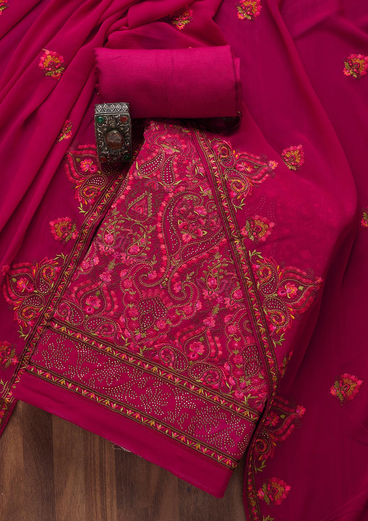 Rani Pink Threadwork Georgette Semi-Stitched Salwar Suit- Koskii