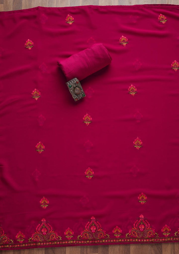 Rani Pink Threadwork Georgette Semi-Stitched Salwar Suit - Koskii