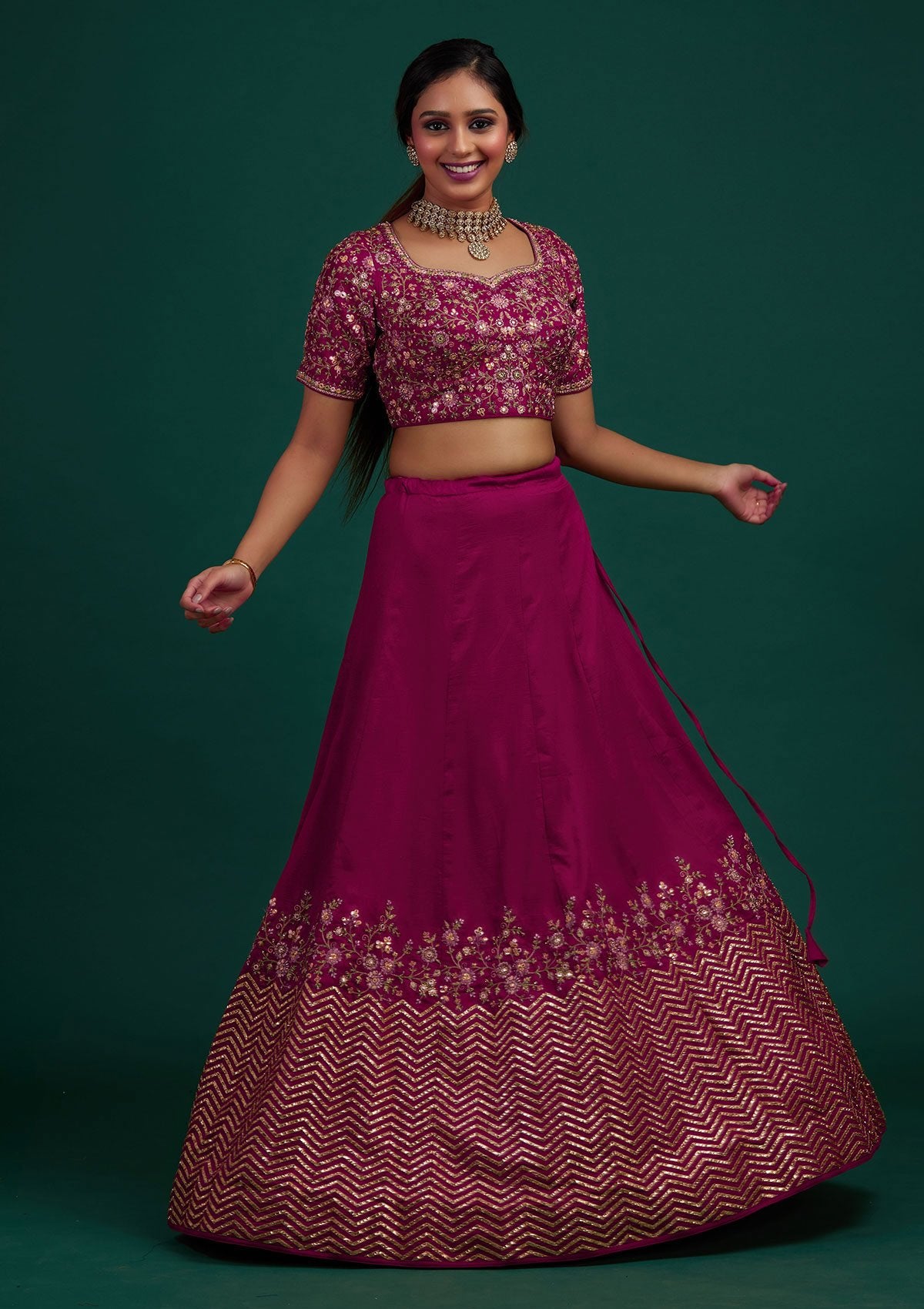 Rani Pink Threadwork Raw Silk Designer Lehenga - Koskii