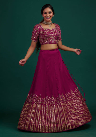 Rani Pink Threadwork Raw Silk Designer Lehenga - Koskii