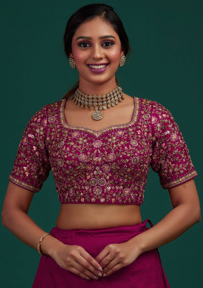 Rani Pink Threadwork Raw Silk Designer Lehenga - Koskii
