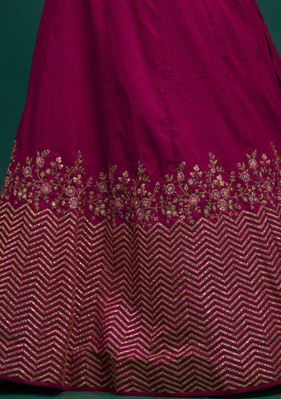 Rani Pink Threadwork Raw Silk Designer Lehenga - Koskii
