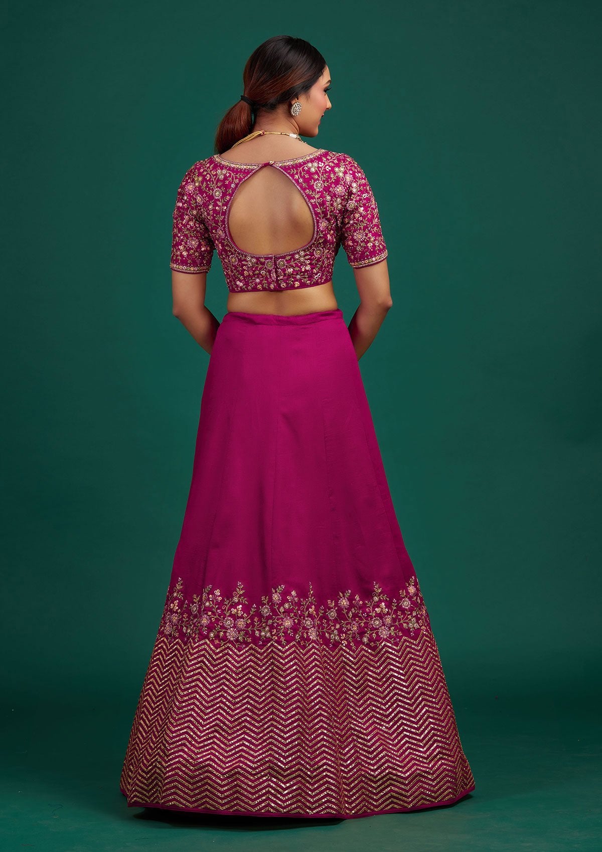 Rani Pink Threadwork Raw Silk Designer Lehenga - Koskii