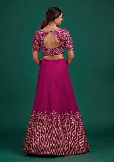 Rani Pink Threadwork Raw Silk Designer Lehenga - Koskii