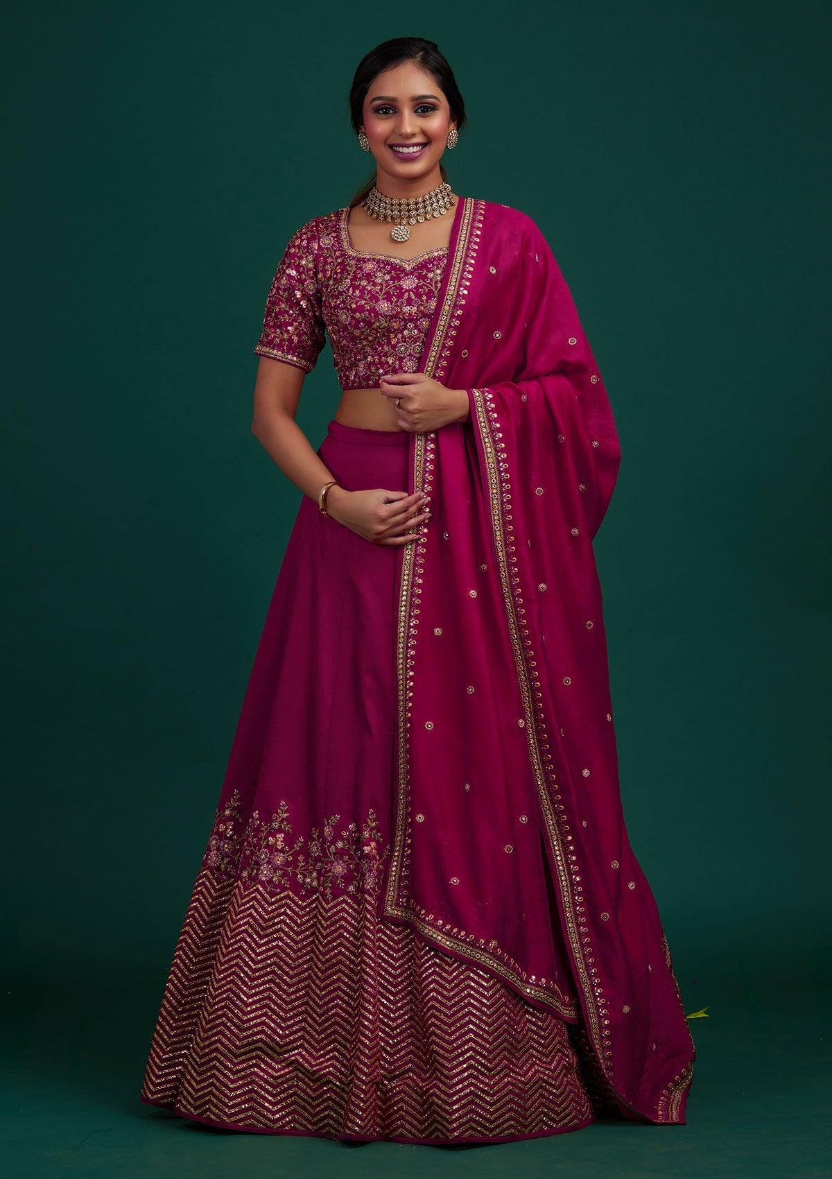 Rani Pink Threadwork Raw Silk Designer Lehenga - Koskii