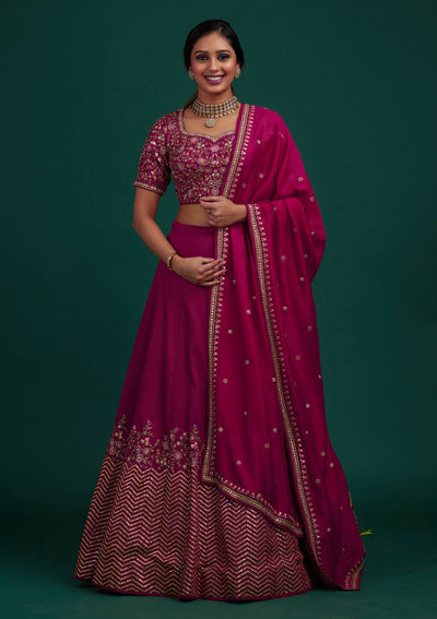 Rani Pink Threadwork Raw Silk Designer Lehenga - Koskii