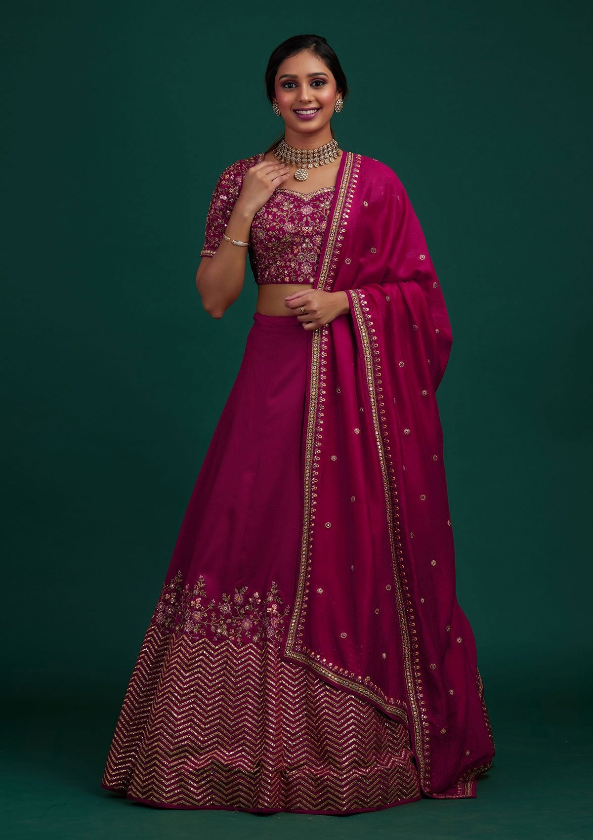 Rani Pink Threadwork Raw Silk Designer Lehenga - Koskii
