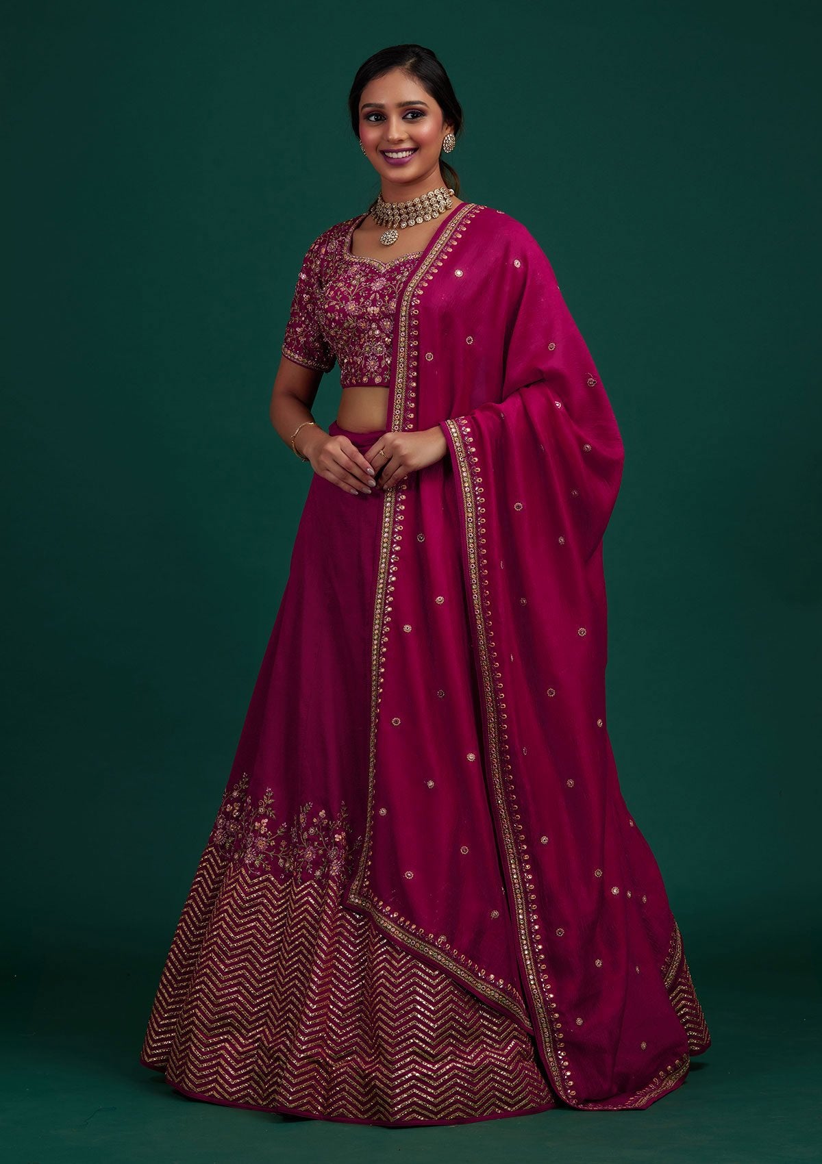 Rani Pink Threadwork Raw Silk Designer Lehenga - Koskii