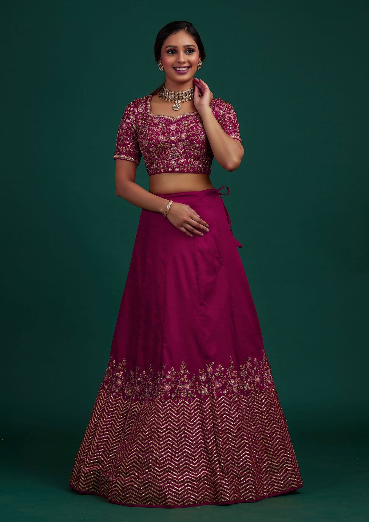 Rani Pink Threadwork Raw Silk Designer Lehenga - Koskii
