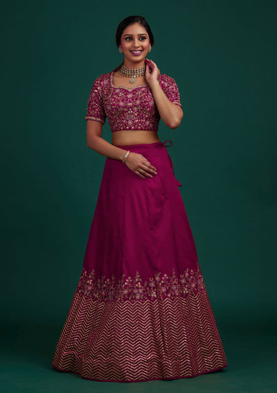 Rani Pink Threadwork Raw Silk Designer Lehenga - Koskii