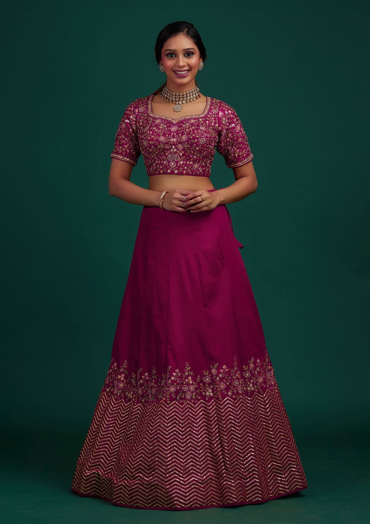 Rani Pink Threadwork Raw Silk Designer Lehenga - Koskii