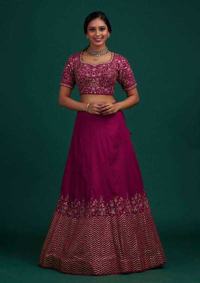 Rani Pink Threadwork Raw Silk Designer Lehenga - Koskii