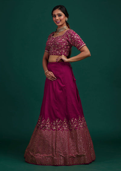 Rani Pink Threadwork Raw Silk Designer Lehenga - Koskii