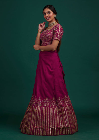 Rani Pink Threadwork Raw Silk Designer Lehenga - Koskii