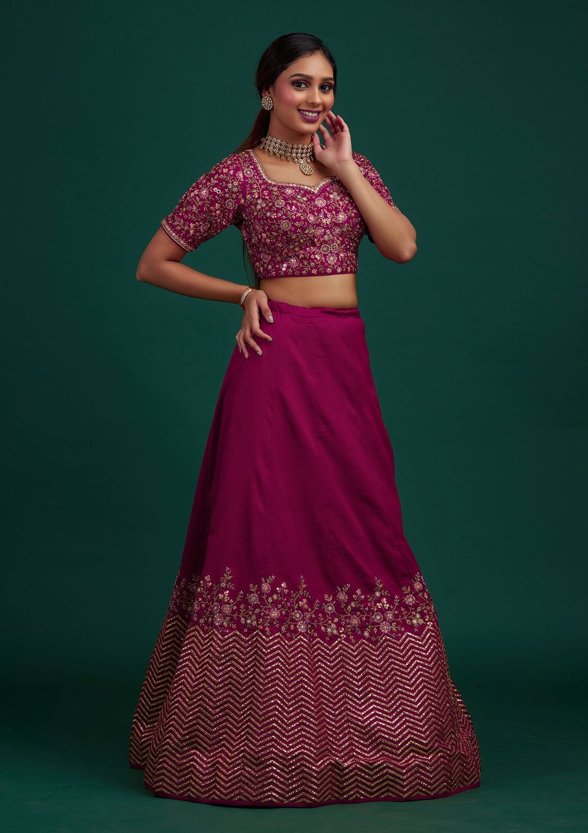 Rani Pink Threadwork Raw Silk Designer Lehenga - Koskii