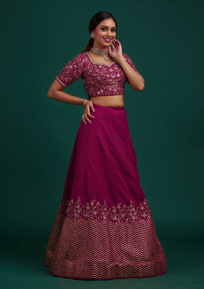 Rani Pink Threadwork Raw Silk Designer Lehenga - Koskii