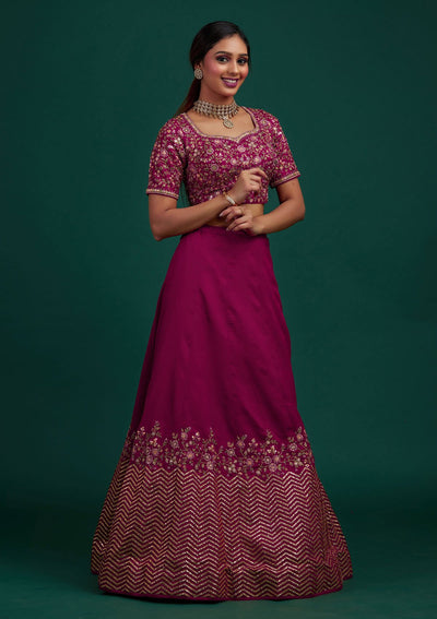 Rani Pink Threadwork Raw Silk Designer Lehenga - Koskii
