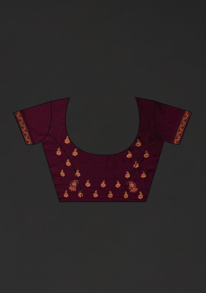 Wine Threadwork Raw Silk Designer Saree - koskii