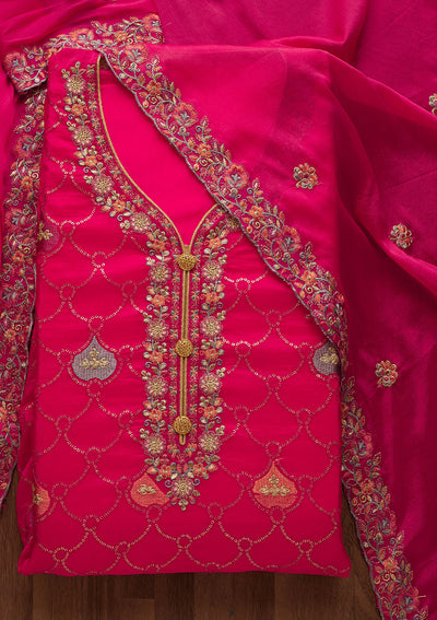 Rani Pink Threadwork Semi Crepe Unstitched Salwar Suit-Koskii