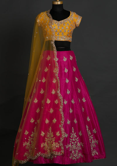 Rani Pink Zardosi Raw Silk Designer Lehenga - koskii