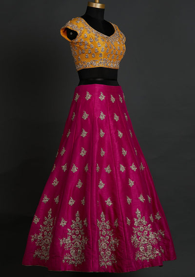 Rani Pink Zardosi Raw Silk Designer Lehenga - koskii